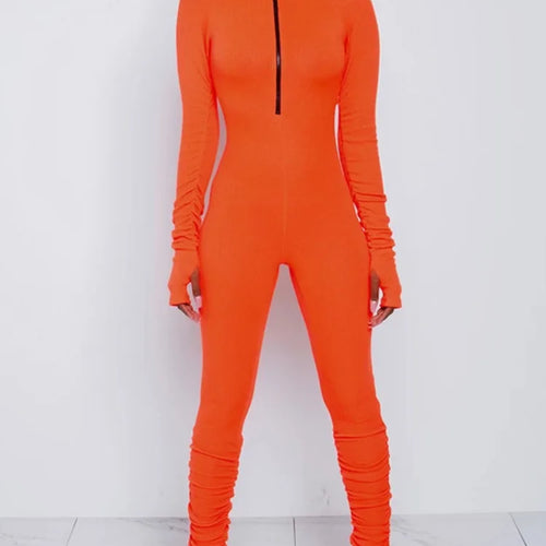 Load image into Gallery viewer, Turtleneck Zipper Skinny Jumpsuit Women Long Sleeve One Piece Neon Orange Bodysuit Female Running Fitness Outfits
