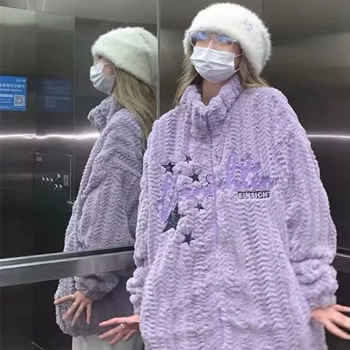 Load image into Gallery viewer, Japanese Embroidery Star Fluffy Women Coats Fashion Sweet Y2k Aesthetic Oversized Jackets Grunge Casual Loose Zipper Purple Coat
