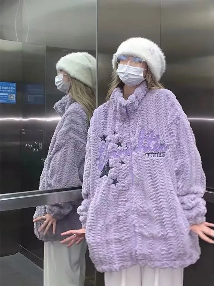 Japanese Embroidery Star Fluffy Women Coats Fashion Sweet Y2k Aesthetic Oversized Jackets Grunge Casual Loose Zipper Purple Coat