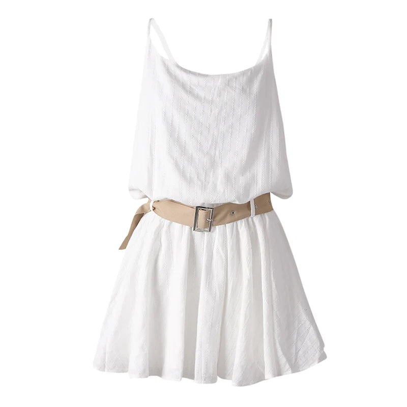 Women White Belted Elegant Spaghetti Strap Mini Dress New Round Neck Sleeveless Fashion Tide Spring Summer 2025 CPG3145
