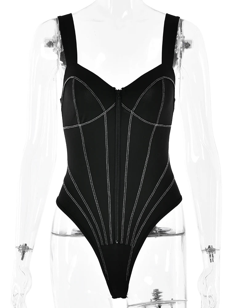 Sexy Spaghetti Strap Fishbone Elastic Tight Women Bodysuit Slim Zipper Female Jumpsuit Fashion Vacation Outdoor Rompers