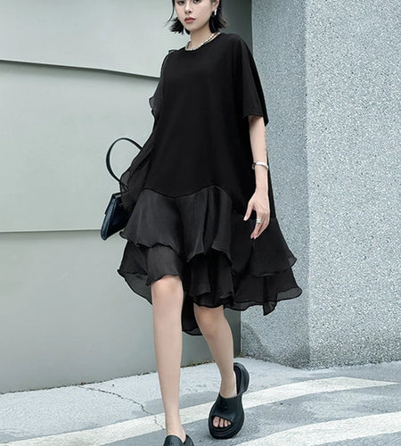 Women Black Ruffles Irregular Big Size Mini Dress New Round Neck Short Sleeve Fashion Tide Spring Summer 2025 1DJ1365