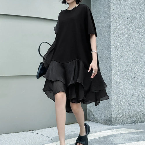 Load image into Gallery viewer, Women Black Ruffles Irregular Big Size Mini Dress New Round Neck Short Sleeve Fashion Tide Spring Summer 2025 1DJ1365
