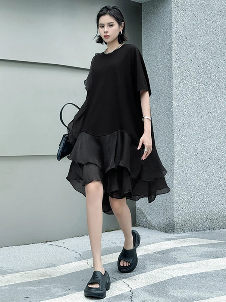 Women Black Ruffles Irregular Big Size Mini Dress New Round Neck Short Sleeve Fashion Tide Spring Summer 2025 1DJ1365
