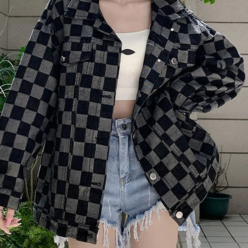 Load image into Gallery viewer, Autumn Black Denim Coat Women Korean New Chessboard Checker Casual Loose Retro Blue Jacket Top Woman High Street Chic
