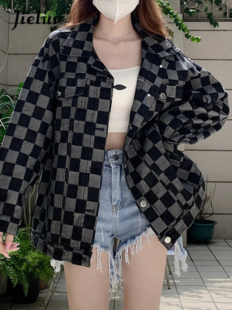 Autumn Black Denim Coat Women Korean New Chessboard Checker Casual Loose Retro Blue Jacket Top Woman High Street Chic