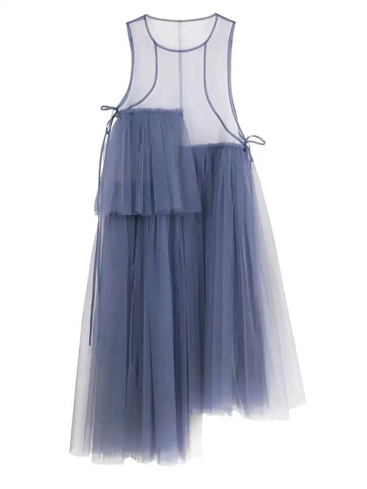 Women Green Mesh Irregular Elegant Dress New Round Neck Sleeveless Loose Fit Fashion Tide Spring Summer 2025 1DF9867