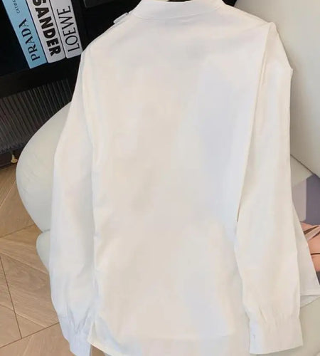 White Heart Embroidered Bow Shirt Women Single Breasted Cardigan Blouse Vintage Business Work Elegant Loose Tops 2024 Autumn