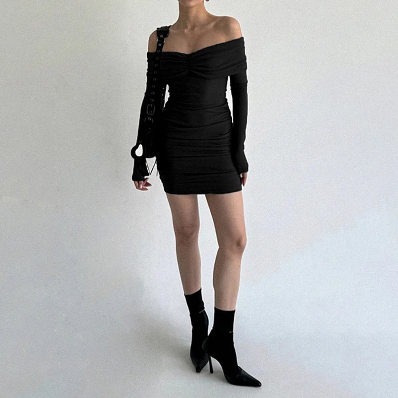 Elegant Black Off Shoulder Autumn Dress For Women Folds Long Slevee Party Slim-Fit Mini Dress Korean Fashion Bodycon