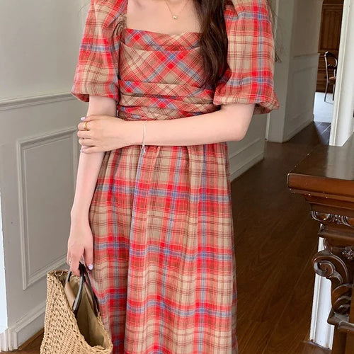 Load image into Gallery viewer, Plaid Slim Waist Puff Sleeve Pleated Women&#39;s Dresses French Style Summer Square Neck Elegant Female Dress Chic Streetwear
