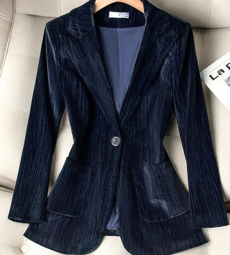 Korean Fashion Women Gray Blue Long Sleeve Slim Blazer Coat 2024 New Spring Autumn Green Elegant Single Button Pockets Tops Chic