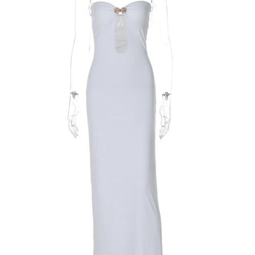 Load image into Gallery viewer, Metal Button Strapless Backless Long Dress Women Fashion Hollow Out Off-shoulder Sleeveless Bodycon Party Midi Dress
