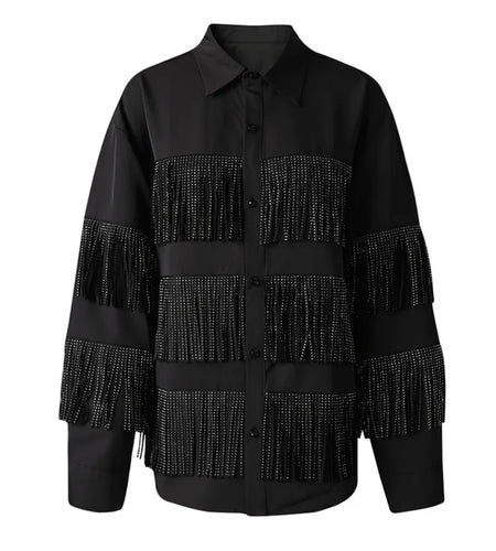 Women Black Tassels Spliced Big Size Casual Blouse New Lapel Long Sleeve Shirt Fashion Tide Spring Autumn 2025 CPG3099