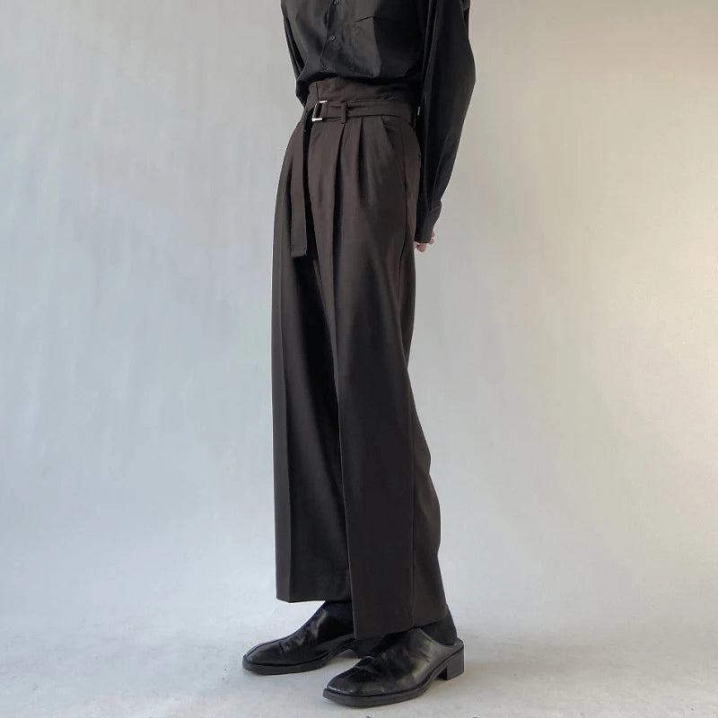 Simple Men's Suit Pants Pleated Belt Solid Color Droop High Waist Trousers Straight Wide Leg Loose Male Bottom New 9C9238