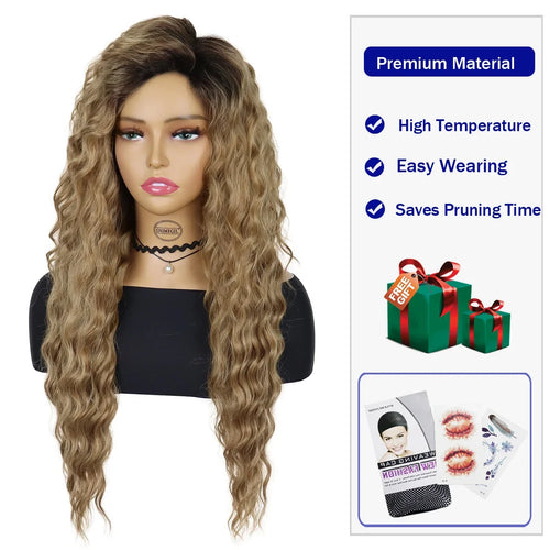 Load image into Gallery viewer, Brown Hair Synthetic Long Curly Wigs for Women Fluffy Thick Dark Roots Water Wave Wig with Bangs Female Long Ombre Wig with Clip
