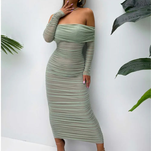 Load image into Gallery viewer, Elegant One Shoulder Mesh Patchwork Long Sleeve Party Evening Dress Women Sexy Bodycon Vestdos Autumn/Winter Clothing
