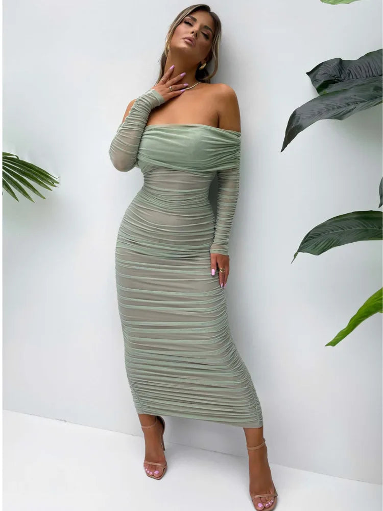 Elegant One Shoulder Mesh Patchwork Long Sleeve Party Evening Dress Women Sexy Bodycon Vestdos Autumn/Winter Clothing