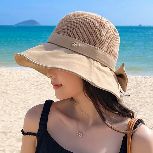 Load image into Gallery viewer, Women&#39;s Summer Sun Cap Fashion Hollow Bow Design Sun Hat Female Travel Beach Bucket Hat
