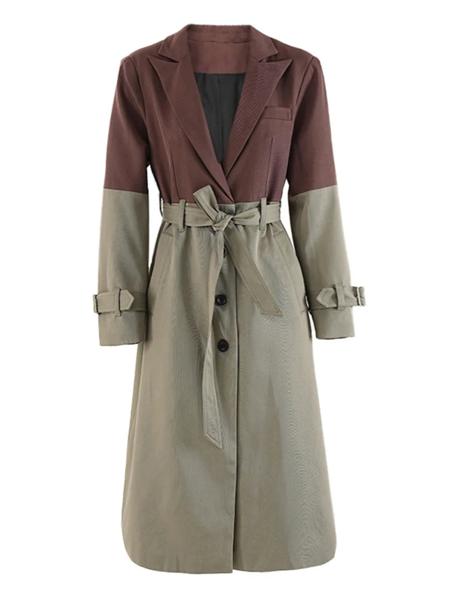 Hit Color Spliced Sashes Elegant Trenches For Women Lapel Long Sleeve Patchwork Button Temperament Trench Female