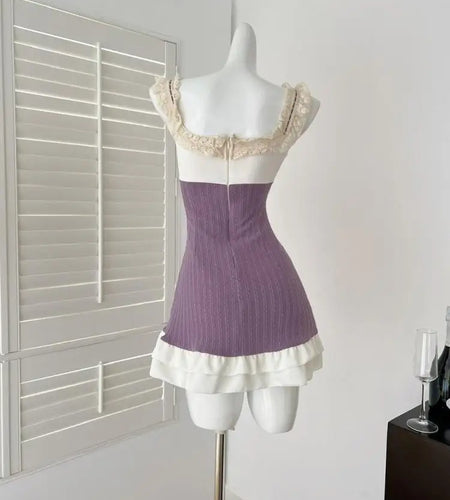 Summer French Vintage Purple Patchwork Lace Elegant Backless Slim Party Dress Women Square Neck Sleeveless Ruffles Slip Dresses