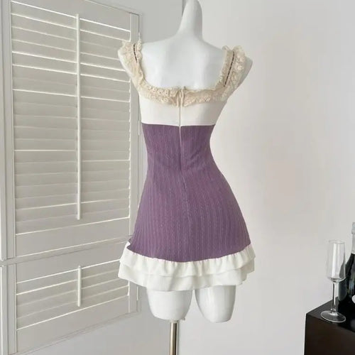 Load image into Gallery viewer, Summer French Vintage Purple Patchwork Lace Elegant Backless Slim Party Dress Women Square Neck Sleeveless Ruffles Slip Dresses
