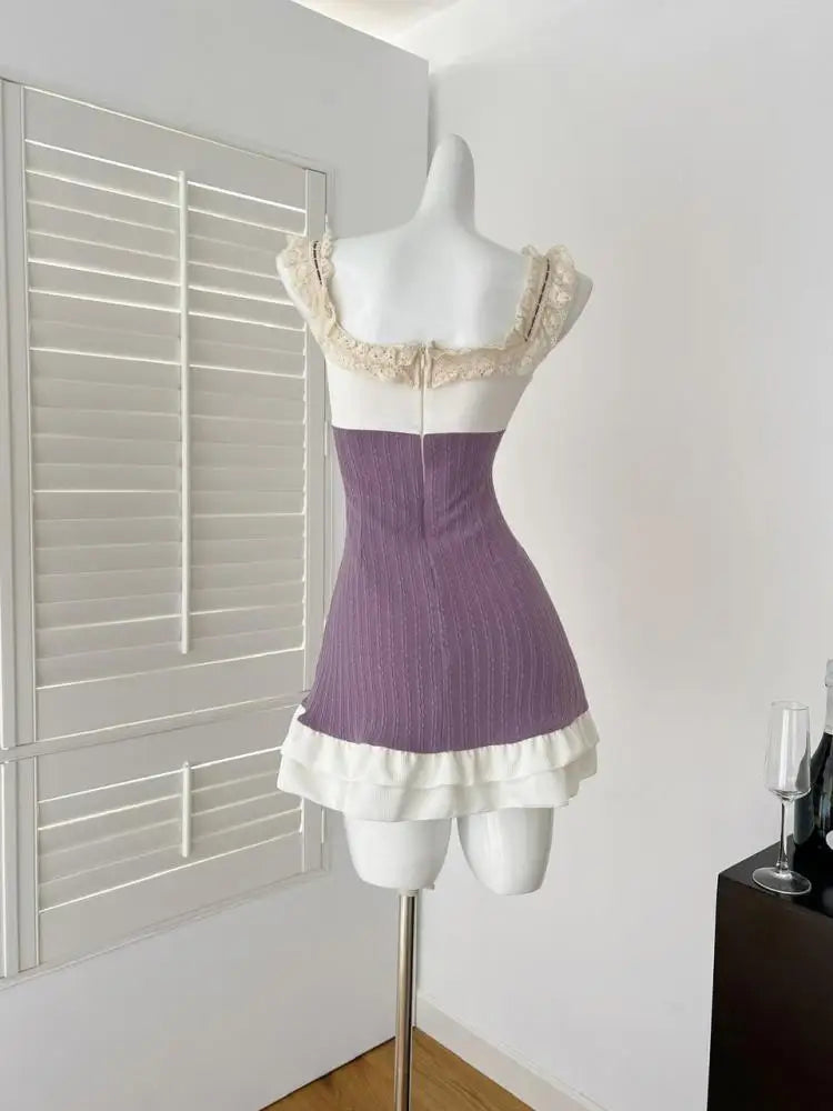 Summer French Vintage Purple Patchwork Lace Elegant Backless Slim Party Dress Women Square Neck Sleeveless Ruffles Slip Dresses