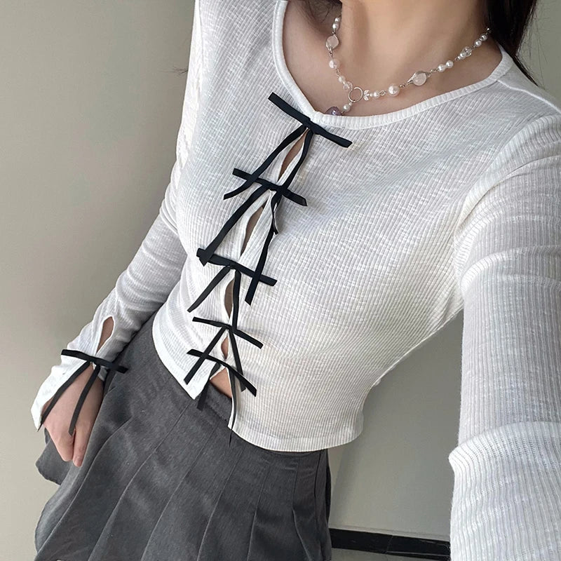 Koean Fashion Bow Knit Women T-shirt Slim Split Cutecore Harajuku Autumn Tee Shirt Coquette Clothes Cropped Top