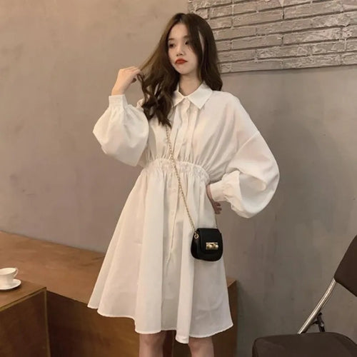 Load image into Gallery viewer, Shirt Dress Women Korean Style Polo Collar Black Long Sleeve Wrap Mini Dress Casual Solid Kpop Clothes Woman
