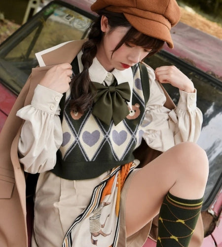 Kawaii Sweater Vest Bear Pri Sleeveless Casual Knitted Argyle Waistcoat 2025 Vintage Y2K Cropped Bandage Vests JK Tops