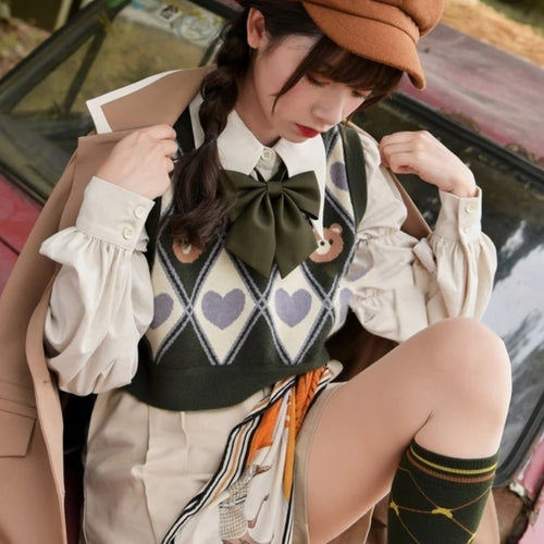 Load image into Gallery viewer, Kawaii Sweater Vest Bear Pri Sleeveless Casual Knitted Argyle Waistcoat 2025 Vintage Y2K Cropped Bandage Vests JK Tops
