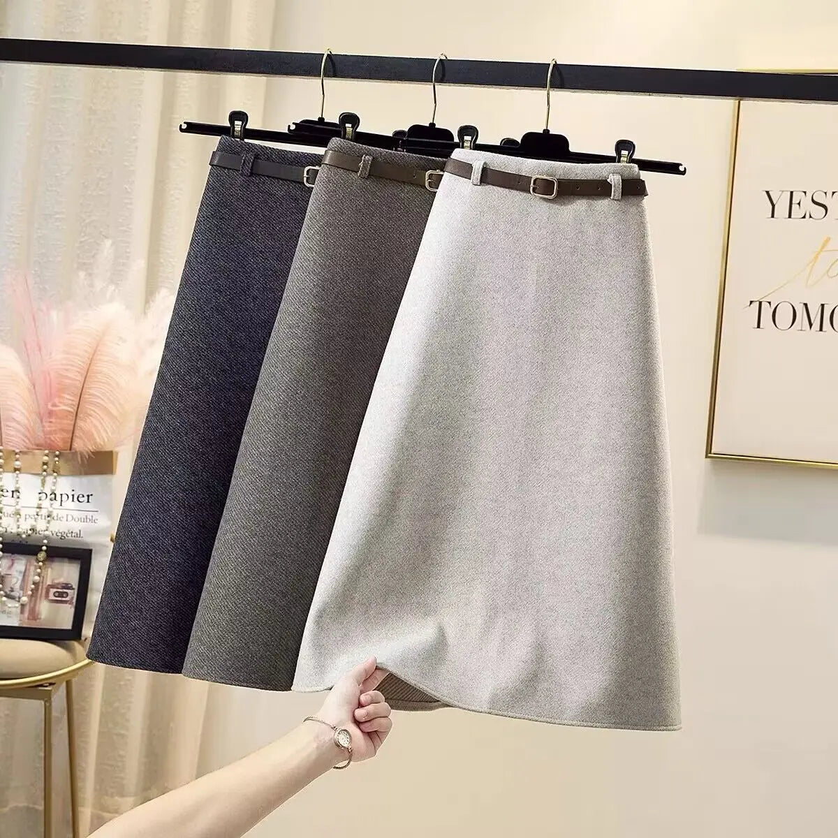 2023 Winter Solid Woolen Midi Skirt Women Elegant Streetwear A-line Zipper Long Skirt Female Vintage High Waist Thick Simple New