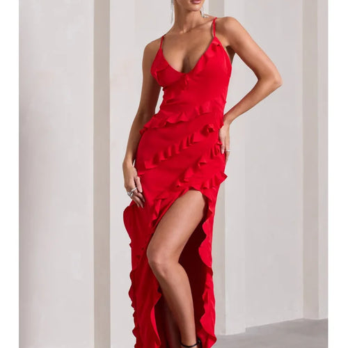 Load image into Gallery viewer, Elegant Spaghetti Strap Backless Charming Dress For Women 2024 Summer Sexy V-neck Ruffle Edge Split Party Evening Dress
