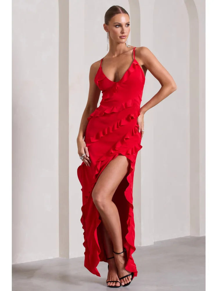 Elegant Spaghetti Strap Backless Charming Dress For Women 2024 Summer Sexy V-neck Ruffle Edge Split Party Evening Dress