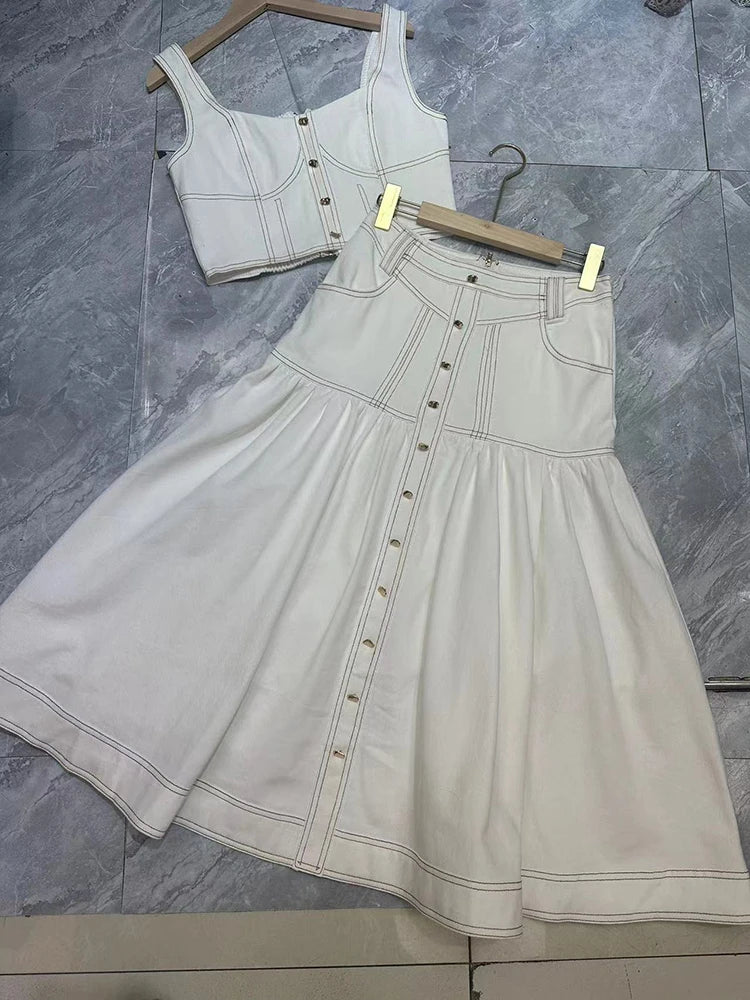 Spliced Button Two Piece Set For Women Square Collar Sleeveless Short Tops High Waist A Line Long Skirts Solid Sets Female
