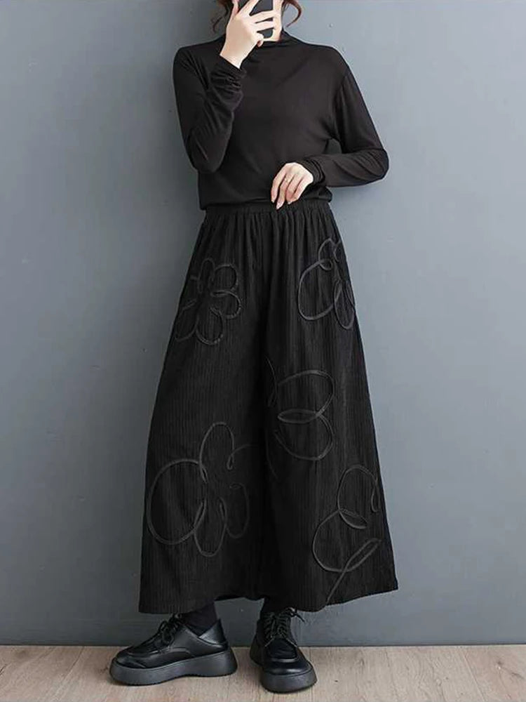 High Elastic Waist Black Printed Long Wide Leg Casual Pants New Trousers Women Fashion Tide Spring Autumn 2025 1LD1510