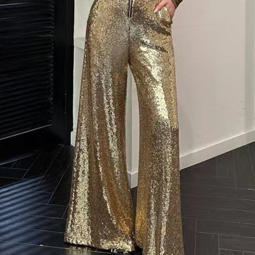 Load image into Gallery viewer, Slimming Spliced Sequins Fashion Long Pants for Women High Waist Patchwork Zipper Wide Leg Pant Female Clothing New
