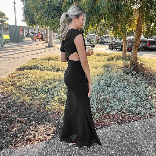 Load image into Gallery viewer, Sexy Sleeveless Hollow Out Pleated Patchwork Maxi Dress For Women High Waist Off-shoulder Slim Club Party Long Dress
