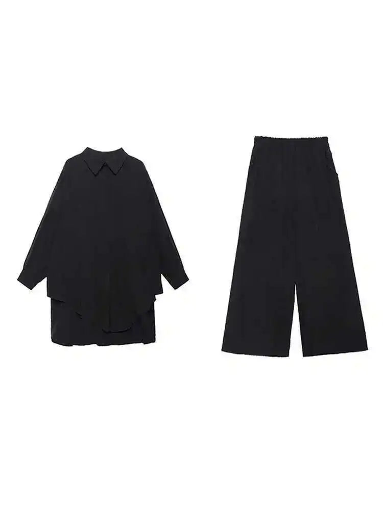Wide Leg Pants Big Size Two Piece Suit New Lapel Long Sleeve Black Loose Fit Women Fashion Tide Spring Autumn 2025 1DF0685