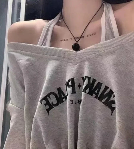 Korean Hoodies for Women Sexy Slash Neck Long Sleeve Casual Cropped Sweatshirts Outfits Fashion Two Piece Sets Y2k Clothing