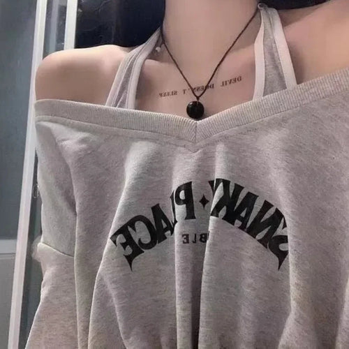 Load image into Gallery viewer, Korean Hoodies for Women Sexy Slash Neck Long Sleeve Casual Cropped Sweatshirts Outfits Fashion Two Piece Sets Y2k Clothing
