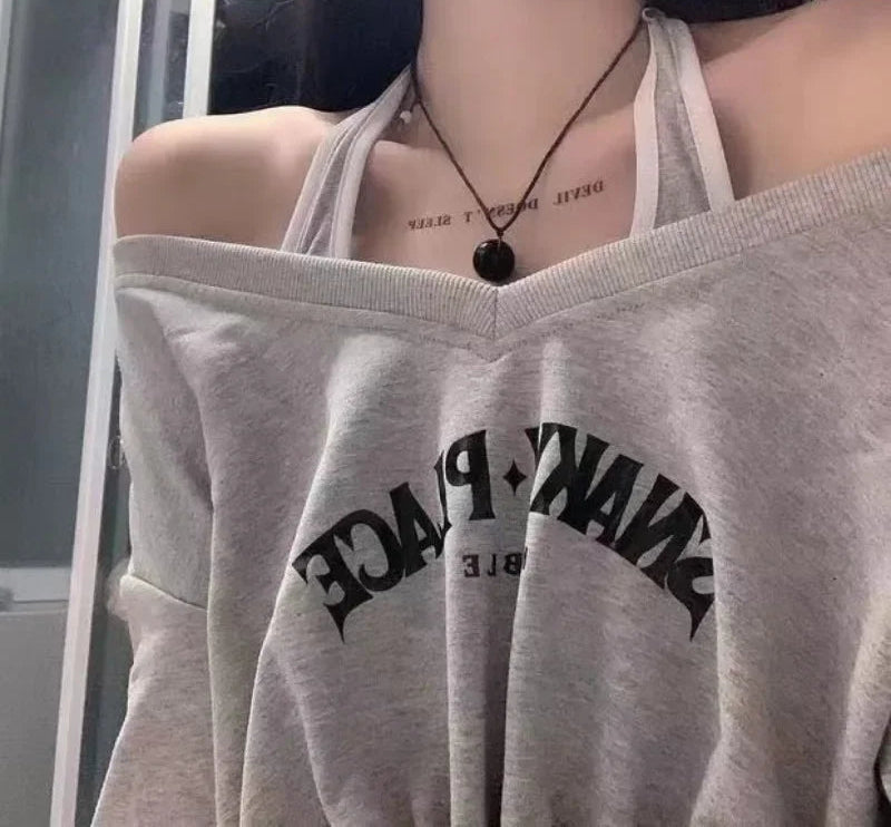 Korean Hoodies for Women Sexy Slash Neck Long Sleeve Casual Cropped Sweatshirts Outfits Fashion Two Piece Sets Y2k Clothing