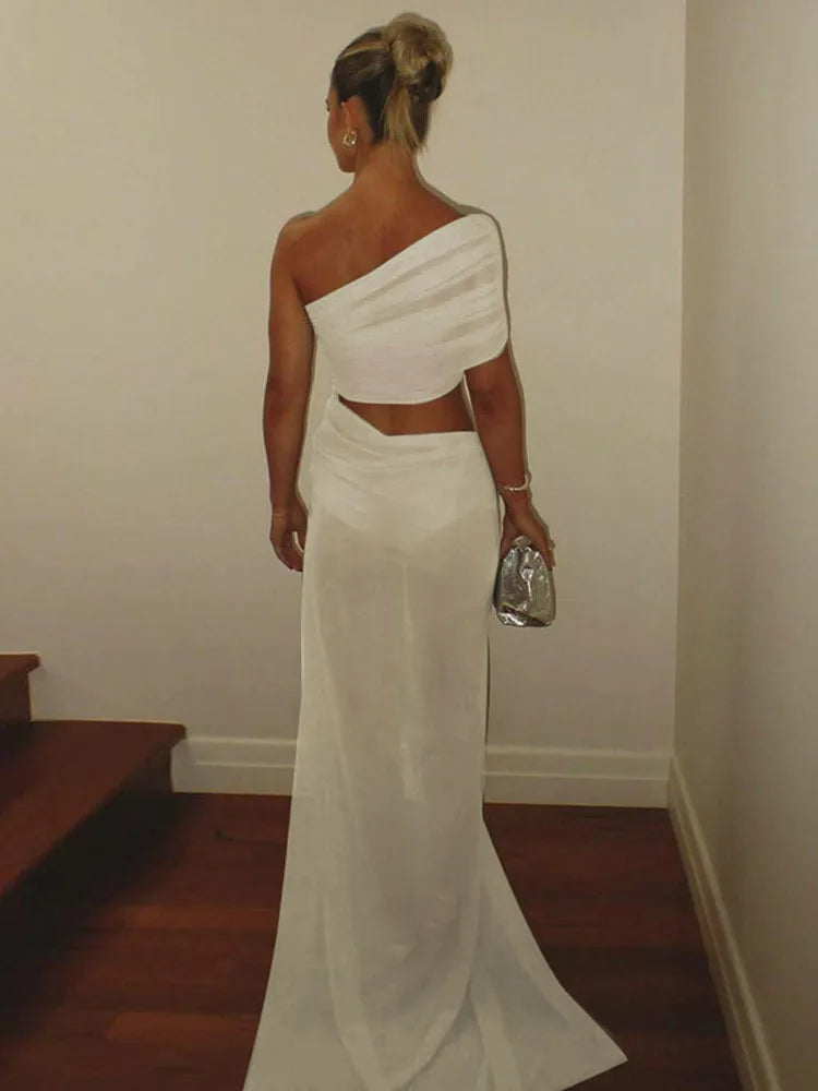 Mesh Hollow Out Backless Sexy Maxi Dress For Women Fashion One Sleeveless See Through Ruched Bodycon Club Long Dress