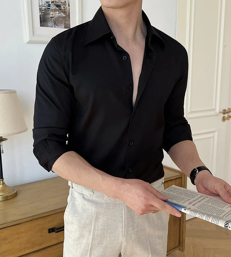 Men's Business Long Sleeved Shirts New Korean Style Solid Color Simple Trendy Lapel Loose Male Handsome Clothing 9W1874