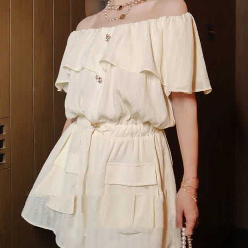 Load image into Gallery viewer, Solid Spliced Button Elegant Rompers for Women Slash Neck Short Sleeves Patchwork Ruffles Folds Romper Female New
