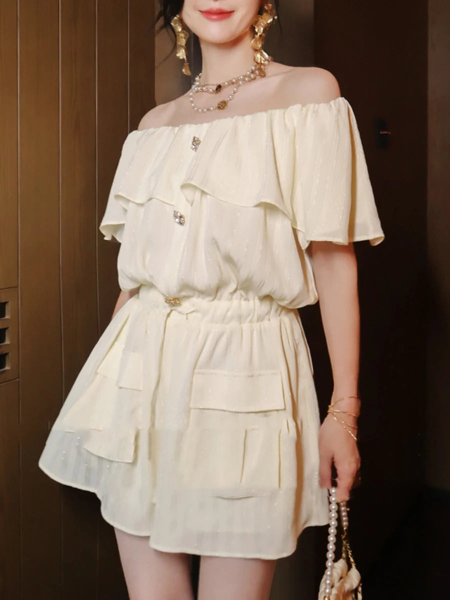 Solid Spliced Button Elegant Rompers for Women Slash Neck Short Sleeves Patchwork Ruffles Folds Romper Female New