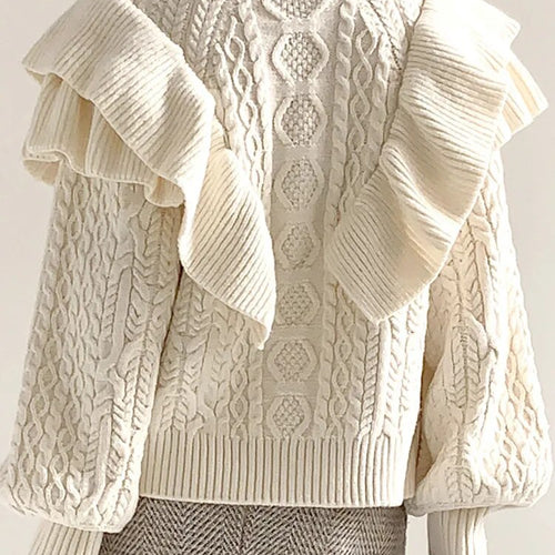 Load image into Gallery viewer, Patchwork Ruffles Knitting Sweaters For Women Half High Collar Lantern Sleeve Loose Solid Sweater Female Fashion
