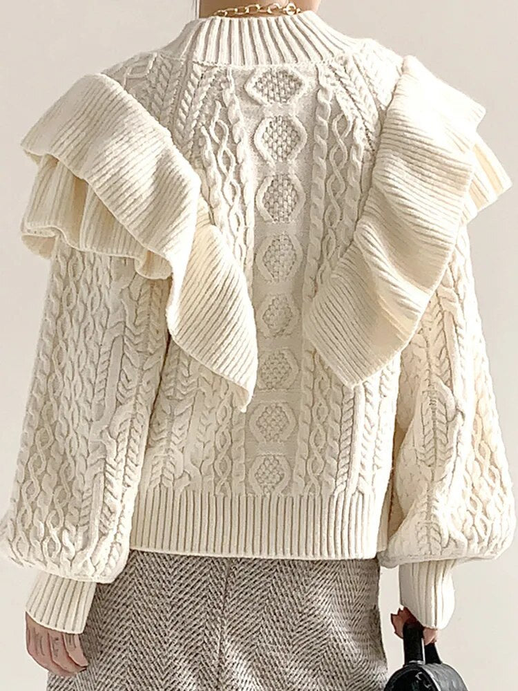 Patchwork Ruffles Knitting Sweaters For Women Half High Collar Lantern Sleeve Loose Solid Sweater Female Fashion