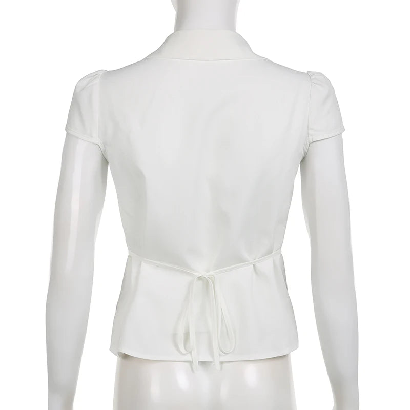 Y2K Chic White Summer Blouse Women Folds Solid Slim Tie-Up Cropped Top French Korean Shirts Cardigan Short Sleeve New