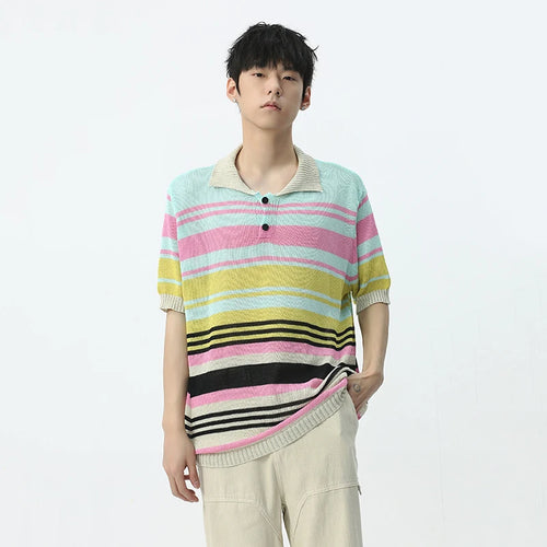 Load image into Gallery viewer, T-shirt Stripe Knitted Contrast Color Short Sleeve Male Clothing Casual Lapel Single Breasted Pullover Men&#39;s Top 9C5379
