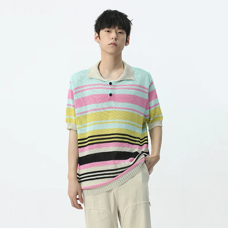 T-shirt Stripe Knitted Contrast Color Short Sleeve Male Clothing Casual Lapel Single Breasted Pullover Men's Top 9C5379